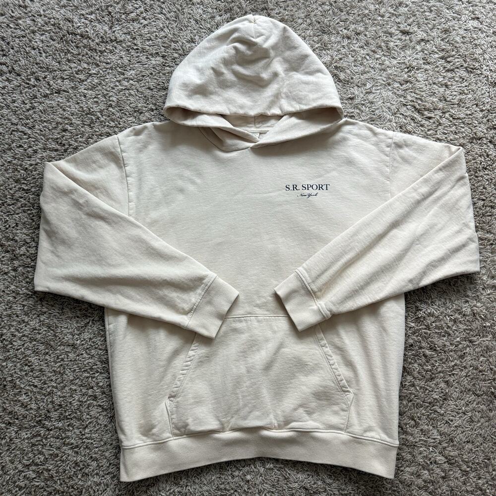 Sporty & Rich Wimbledon Hoodie Pullover Cream White / Navy Blue Size Large